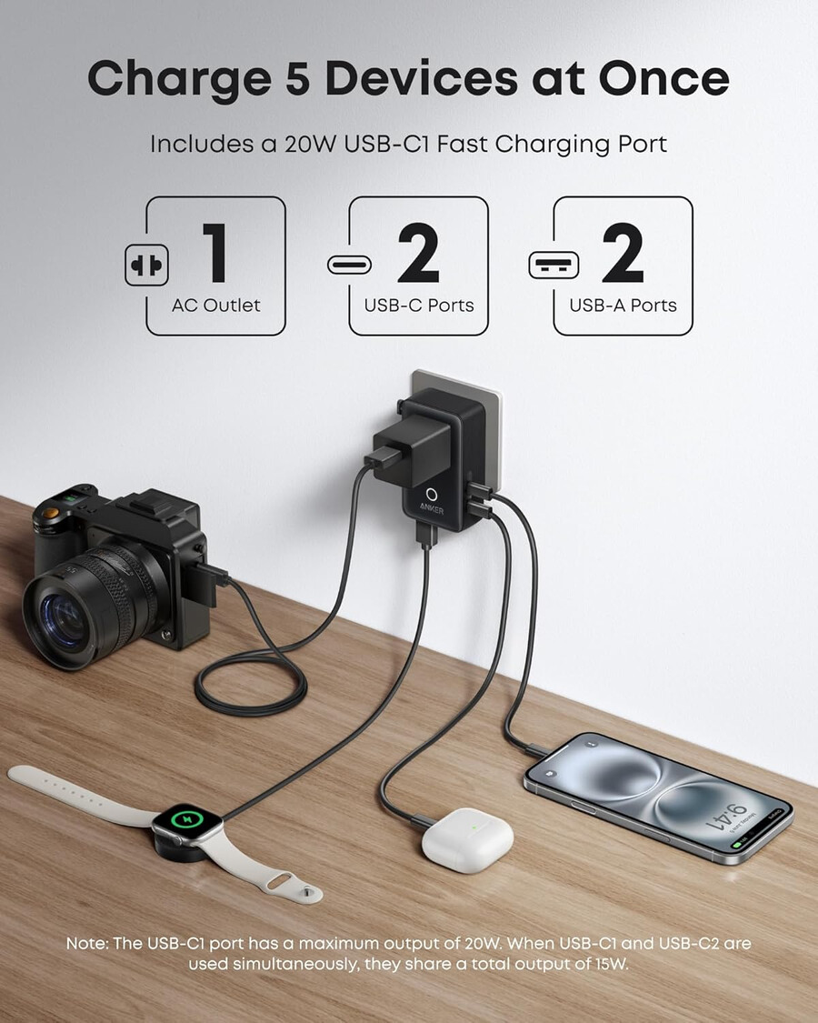 anker nano reiseadapter 5-in-1 20 w 1 stück und anker nano ladegerät 45 w mit usb-c-zu-usb-c-kabel