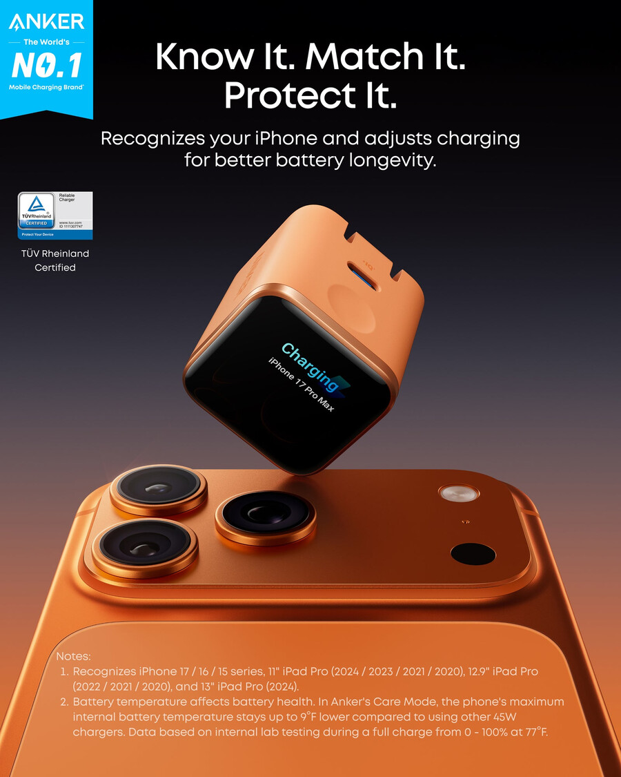 anker schnellladegerät für iphone 45-w-usb-c-ladegerät mit klappbarem stecker