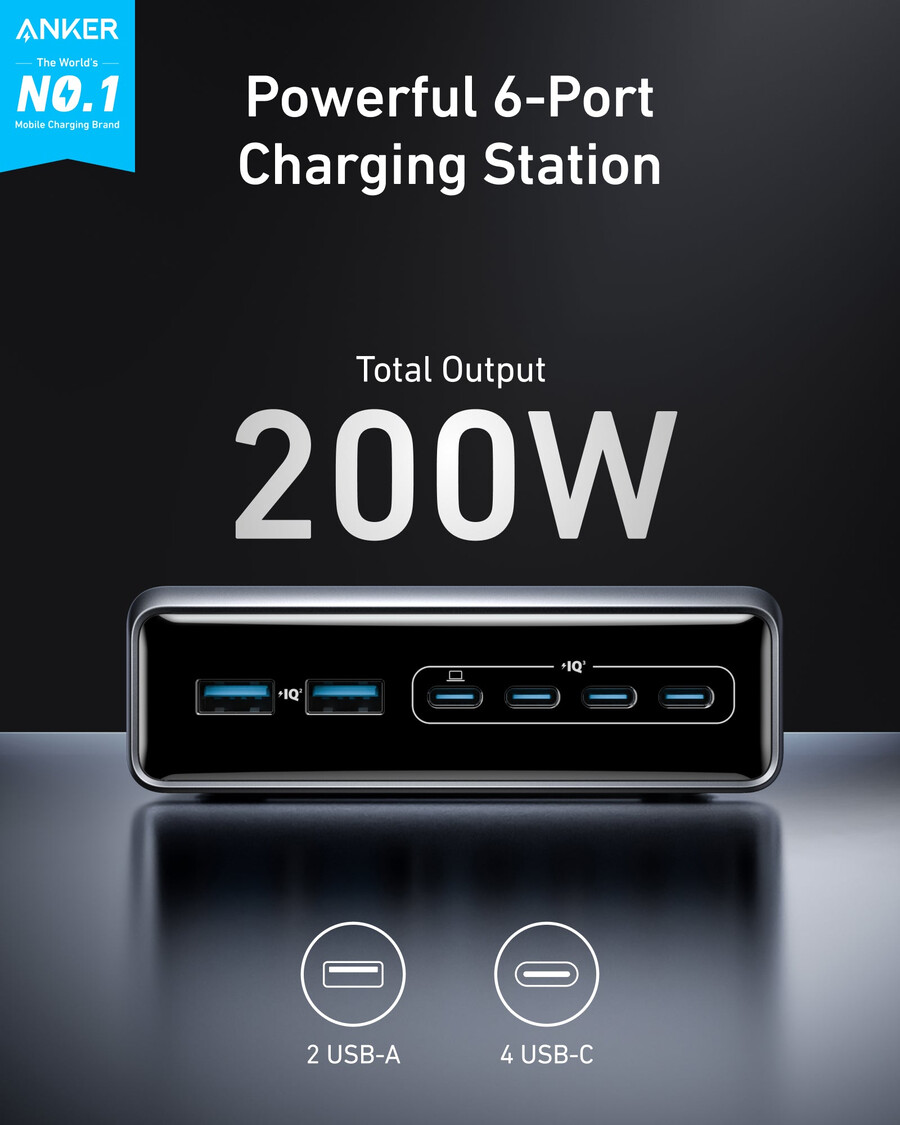 anker prime ladegerät 200w 6 anschlüsse gan