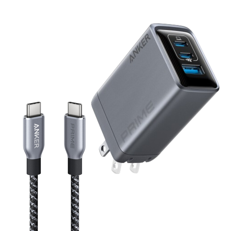 anker prime ladegerät 100 w 3 anschlüsse gan und anker prime usb-c zu usb-c kabel 240 w upcycling-geflecht