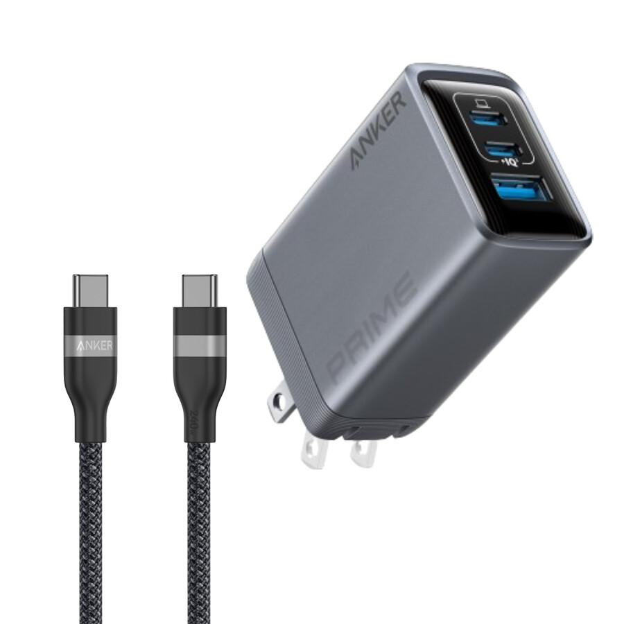 anker prime ladegerät 100 w 3 anschlüsse gan und anker usb-c zu usb-c kabel 09 m 18 m 240 w upcycling-geflecht