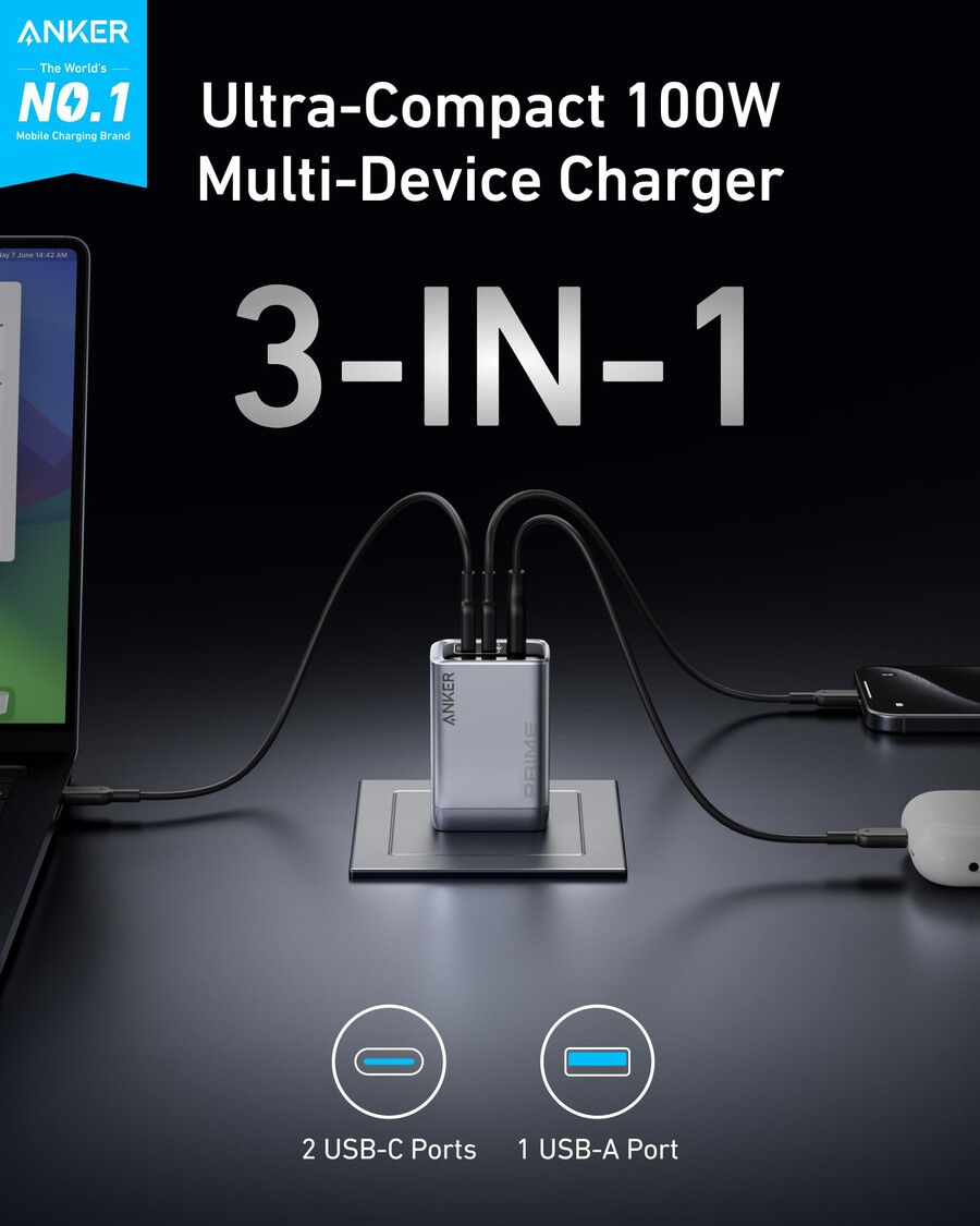 anker prime ladegerät 100 w 3 anschlüsse gan und anker prime usb-c zu usb-c kabel 240 w upcycling-geflecht