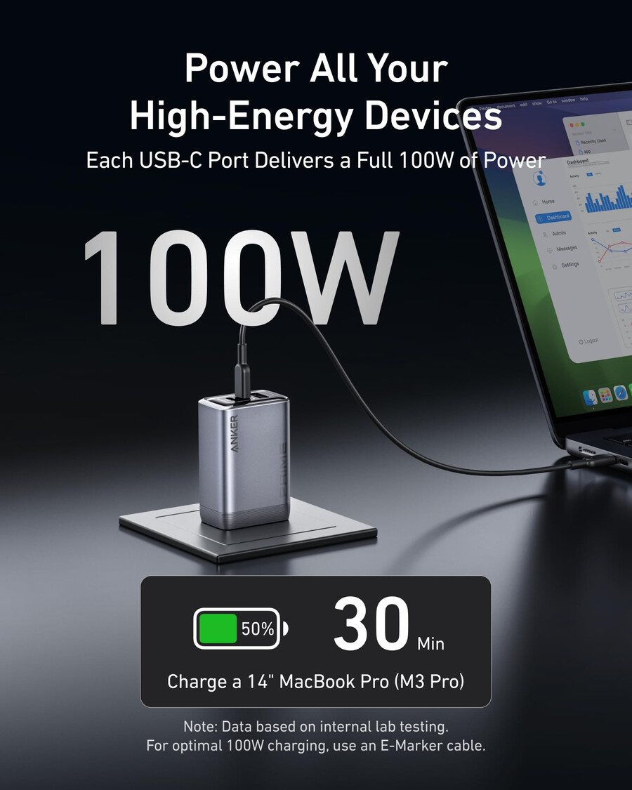 anker prime ladegerät 100 w 3 anschlüsse gan und anker prime usb-c zu usb-c kabel 240 w upcycling-geflecht