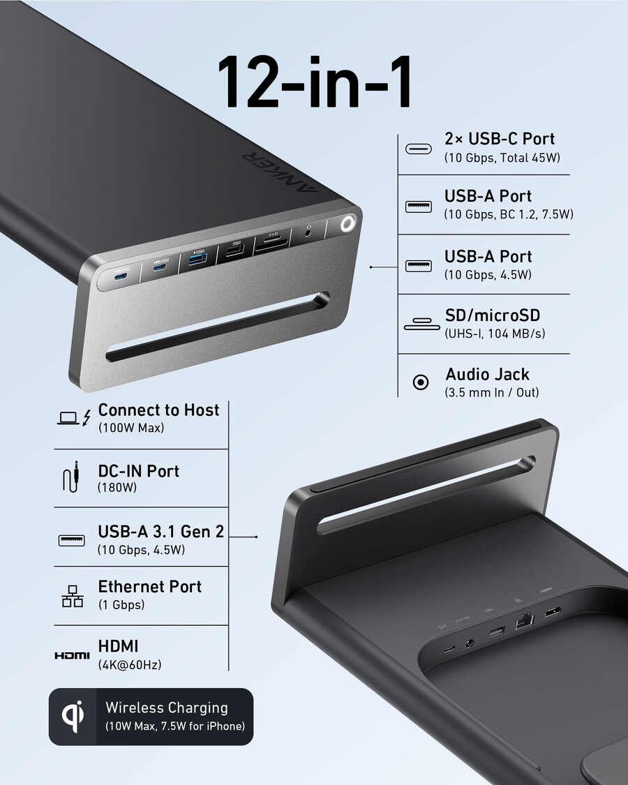 anker 675 usb-c dockingstation 12-in-1 monitorständer kabellos