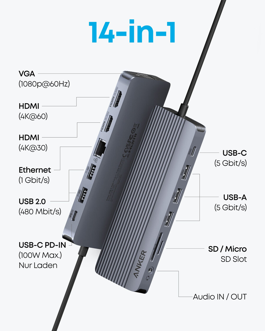 anker usb-c hub 14-in-1 dreifach-display
