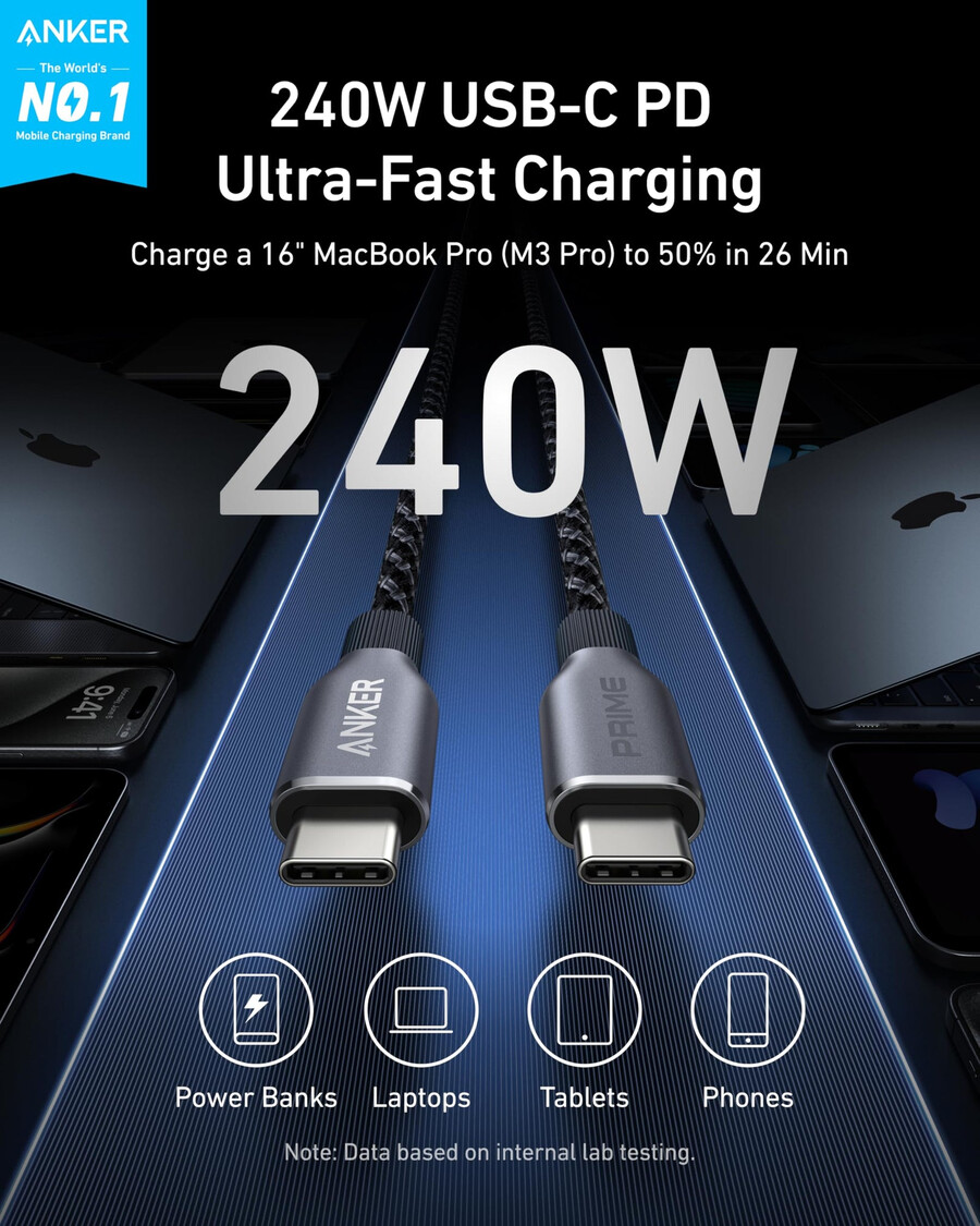 anker prime ladestation mit 240-w-usb-c-zu-usb-c-kabel