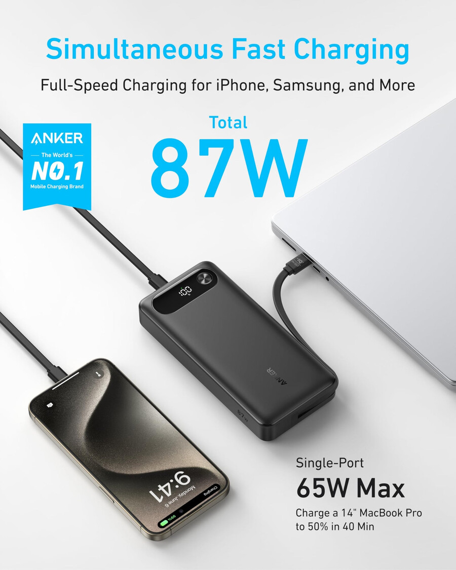 anker powerbank 20.000 mah 87 w integriertes usb-c-kabel