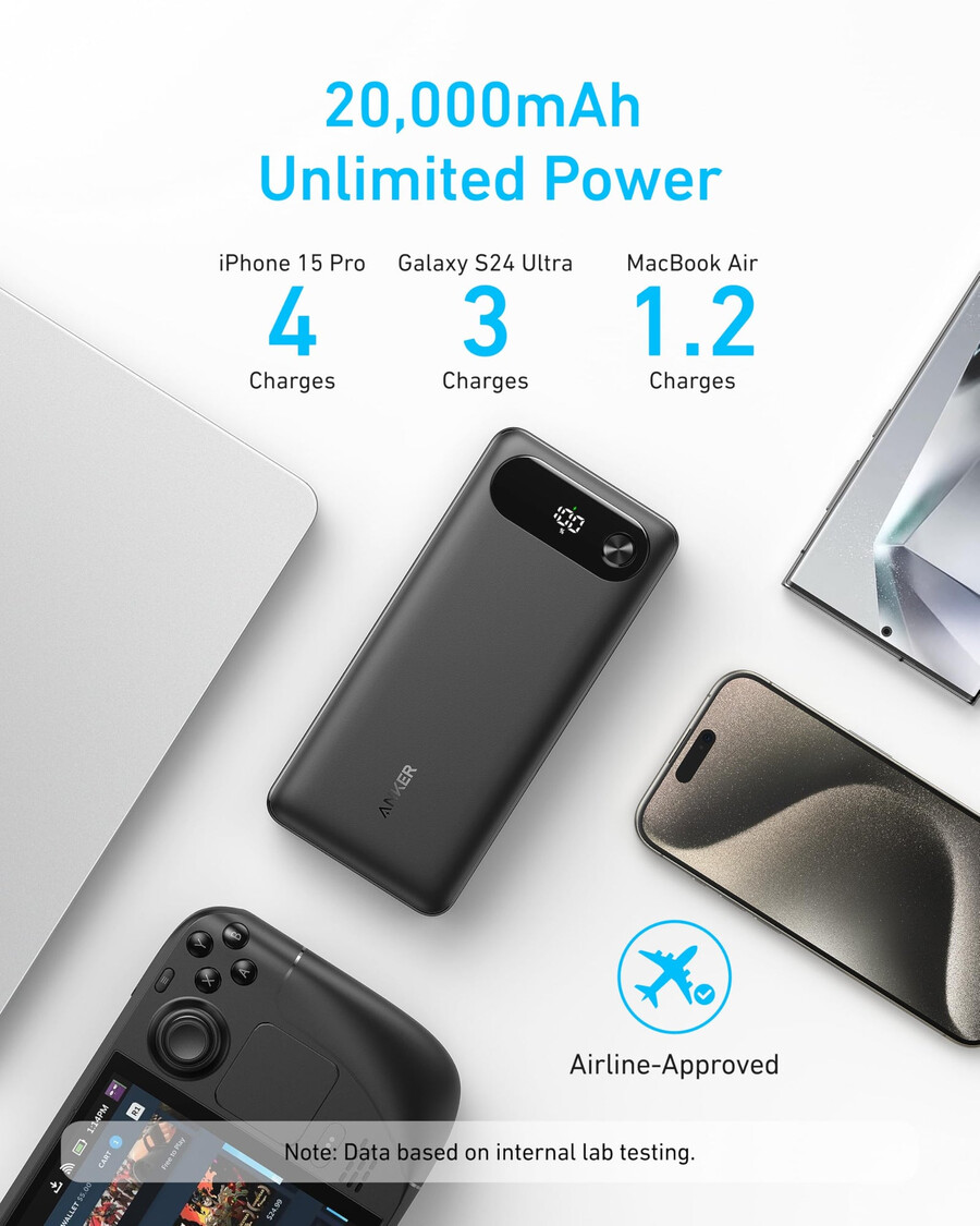 anker powerbank 20.000 mah 87 w integriertes usb-c-kabel