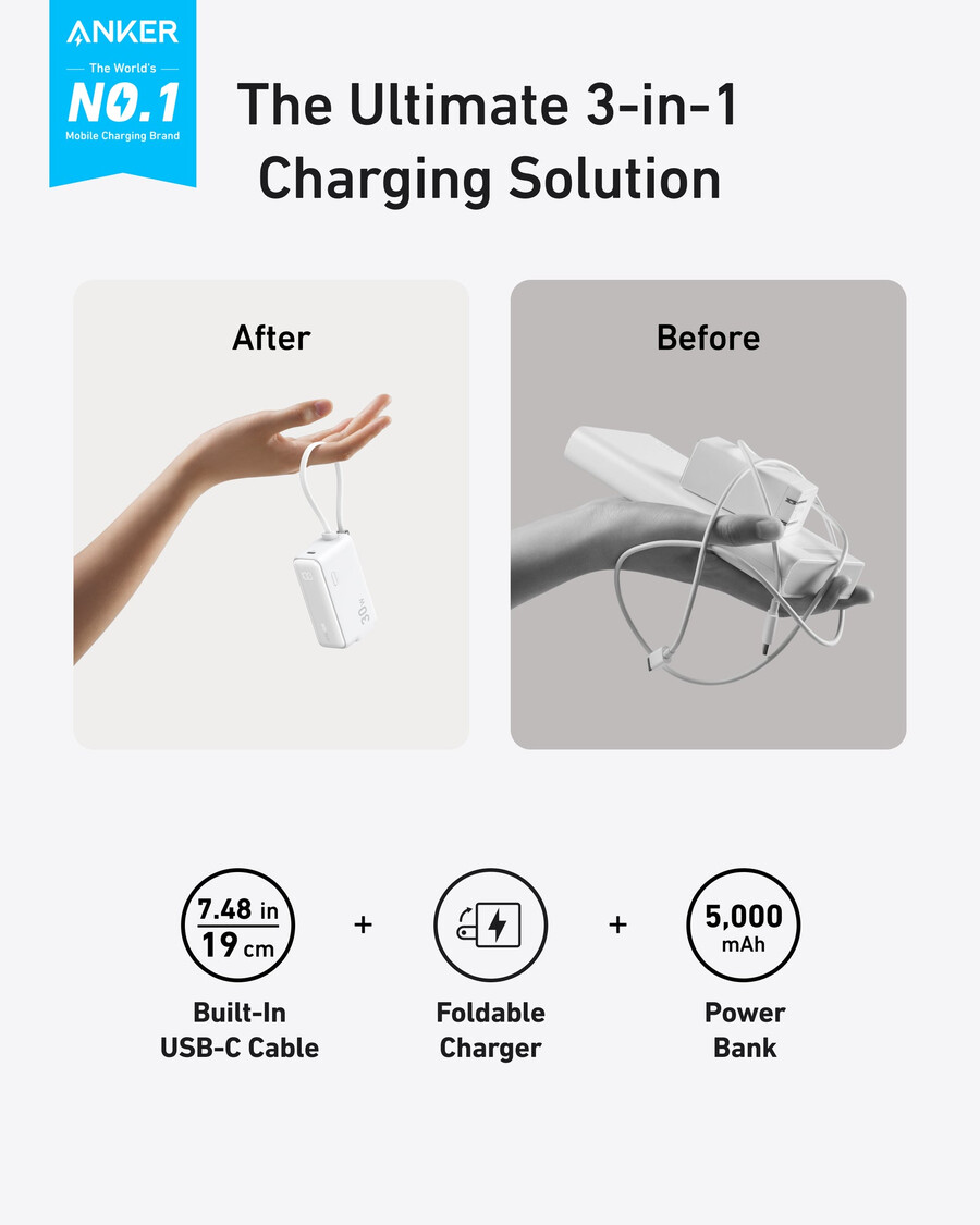 anker powerbank 30w 5k fusion integriertes usb-c-kabel
