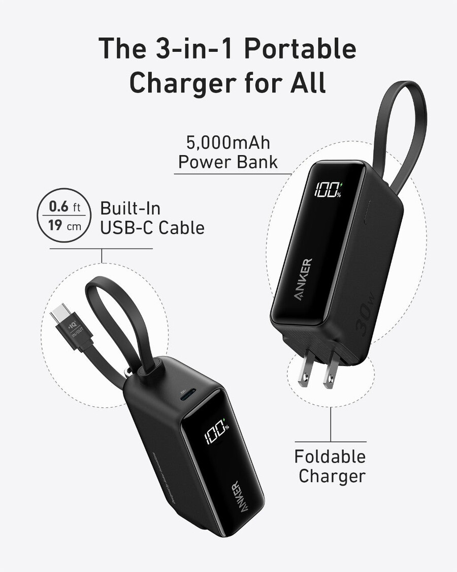 anker powerbank 30w 5k fusion integriertes usb-c-kabel