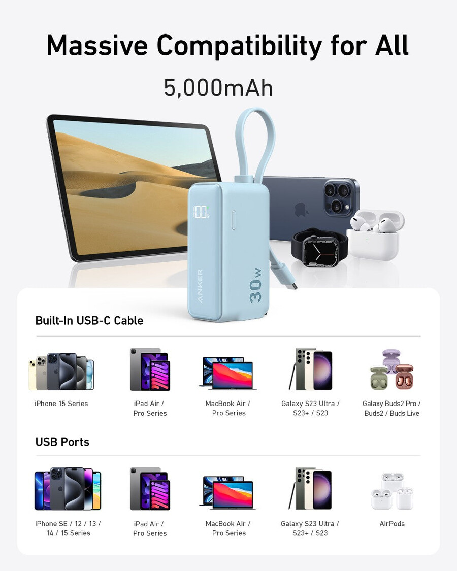 anker powerbank 30w 5k fusion integriertes usb-c-kabel