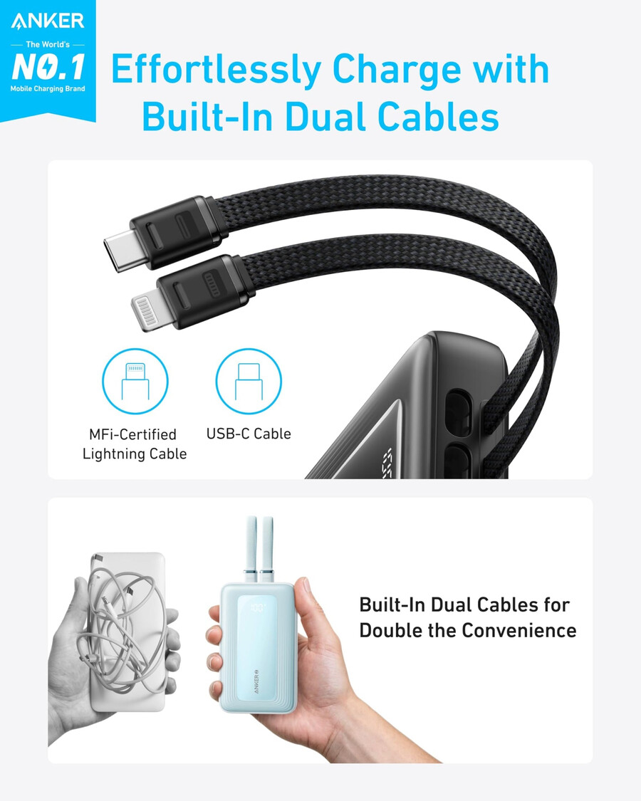 anker zolo powerbank 20.000 mah integriertes usb-c- und lightning-kabel
