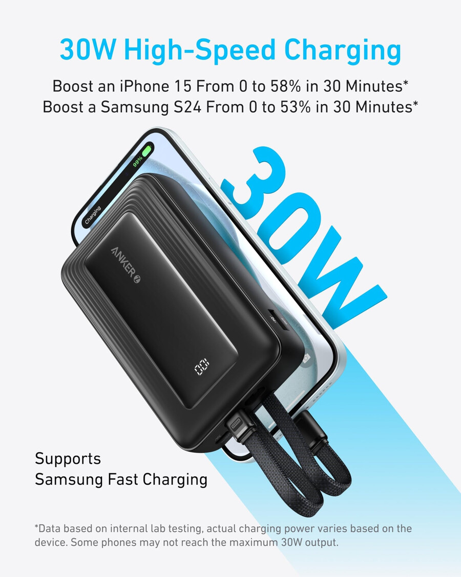 anker zolo powerbank 20.000 mah integriertes usb-c- und lightning-kabel