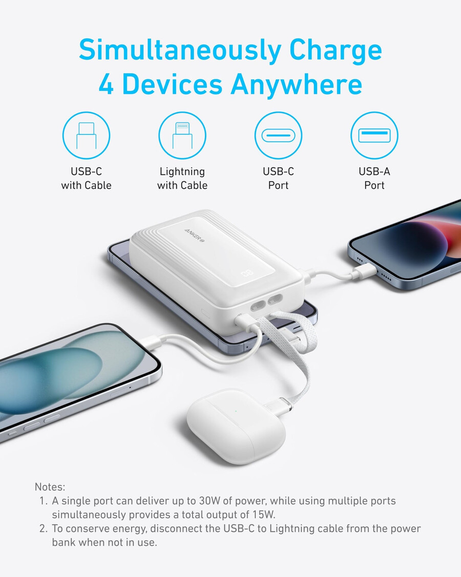 anker zolo powerbank 20.000 mah integriertes usb-c- und lightning-kabel