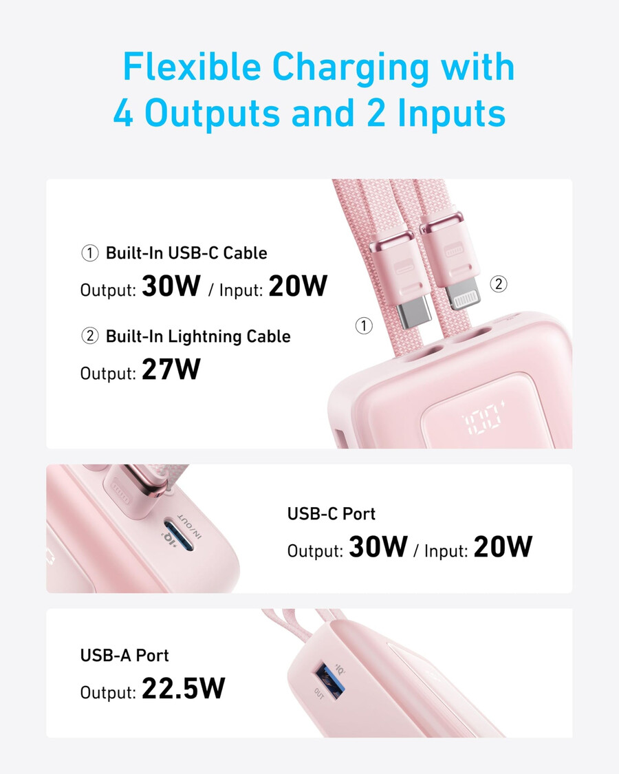 anker zolo powerbank 20.000 mah integriertes usb-c- und lightning-kabel