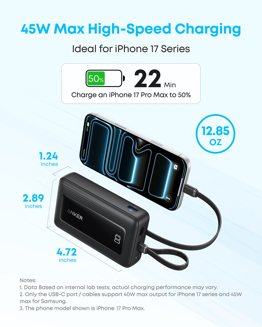 anker zolo powerbank 20.000 mah integriertes usb-c- und lightning-kabel