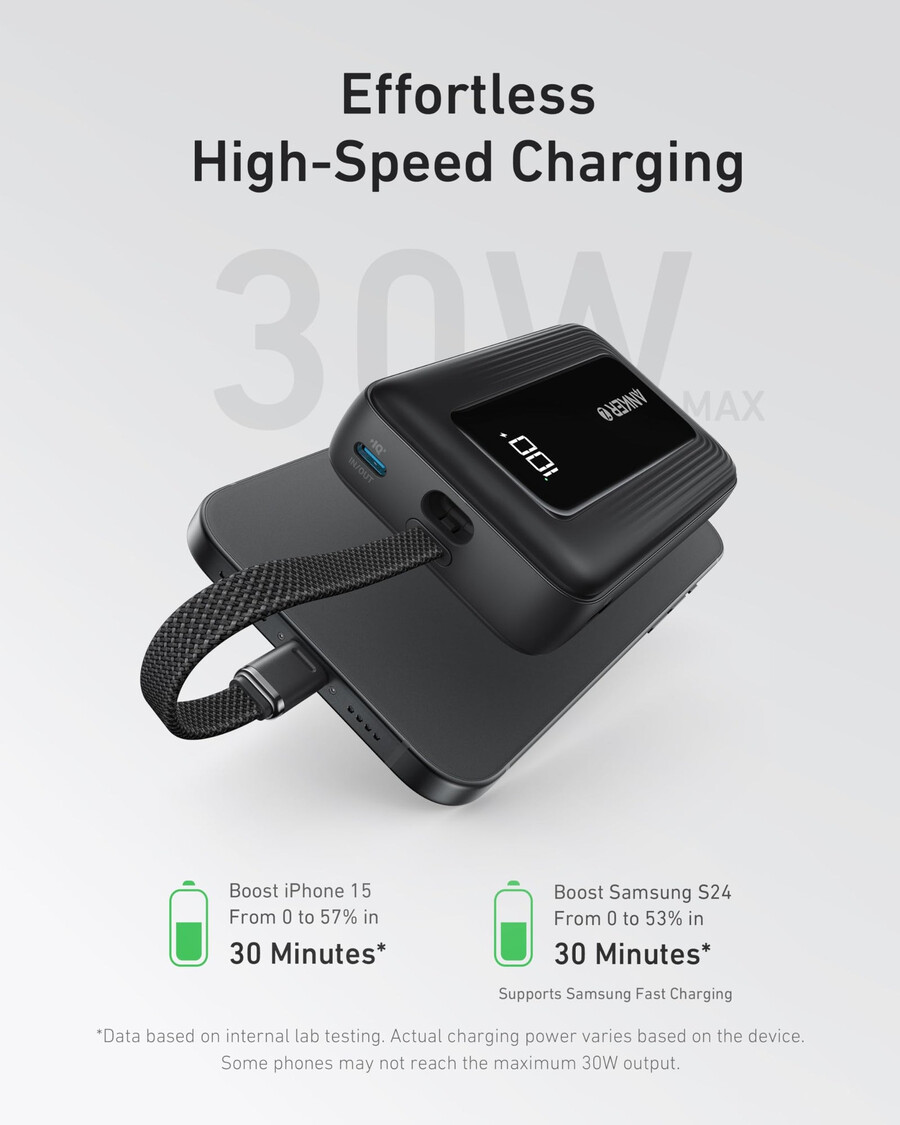 anker zolo powerbank 10k 30w mit integriertem 54-zoll 137 cm usb-c-kabel.
