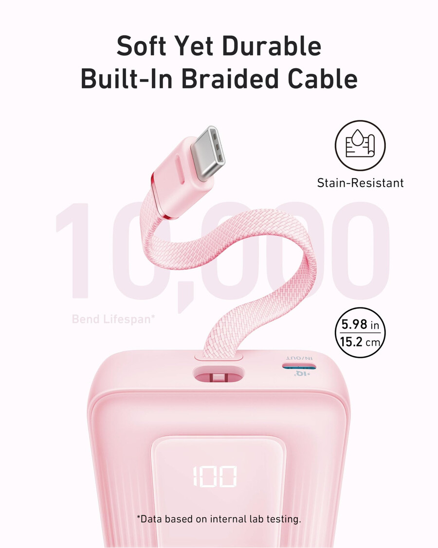 anker zolo powerbank 10k 30w mit integriertem 54-zoll 137 cm usb-c-kabel.