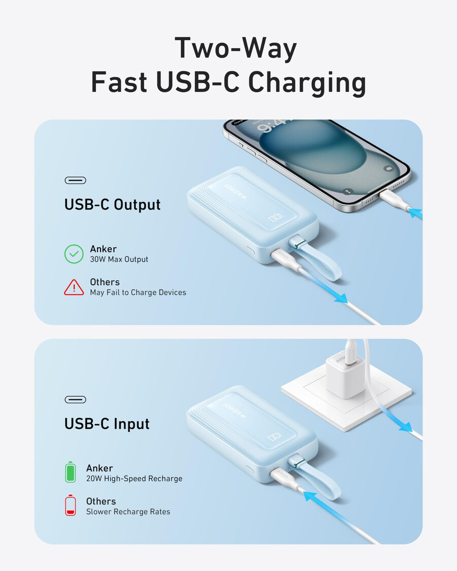 anker zolo powerbank 10k 30w mit integriertem 54-zoll 137 cm usb-c-kabel.