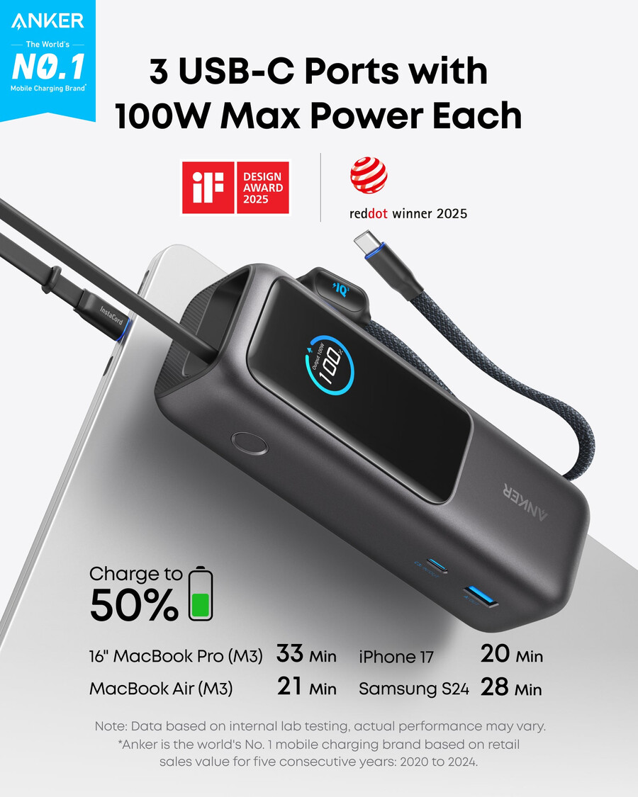 anker laptop-powerbank 25k 165w integriertes und einziehbares kabel